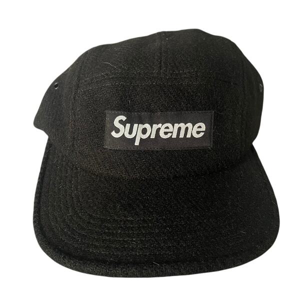 SUPREME Featherweight Wool Black Box Logo Panel Hat Camp Cap Harris Tweed - Picture 1 of 3